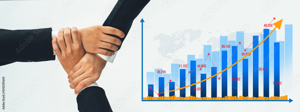 Poster a visual representation of business collaboration, featuring overlapping hands and a dynamic growth 
