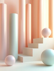 Colorful 3D art installation with abstract shapes and spheres on steps