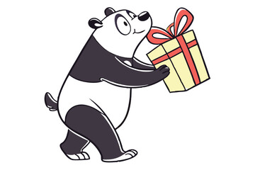 Cute panda character happily carries a present with red ribbon for a special day