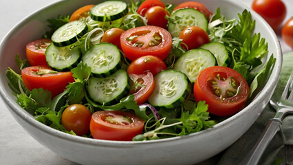 Simple and healthy salad made with fresh tomatoes and cucumbers. Light and refreshing.