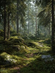 enchanting scandinavian forest scene with towering evergreens and lush green moss carpeting the forest floor soft diffused light creates a mystical atmosphere