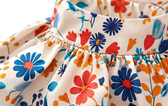 Detailed close-up of a playful sundress with floral print showcasing bold colors and lively designs. Generative AI.