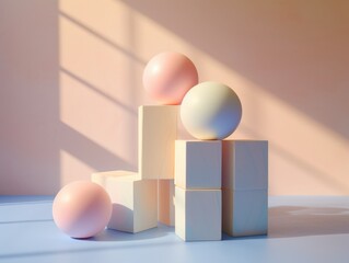 Colorful stack of wooden blocks on table, topped with three round pastel balls and a small square block, against blue wall under window, creating visually pleasing composition