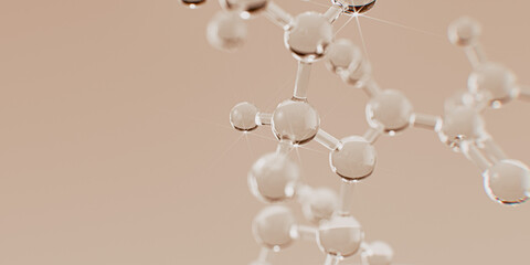 Elegant 3D rendering of a complex glass molecular structure with transparent atoms. Scientific cosmetic product research beige background.