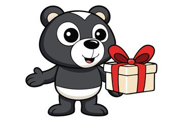 Cheerful panda holding a gift box with a red ribbon is ready to celebrate