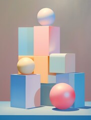 Fototapeta premium Abstract sculpture centerpiece, pastel-colored geometric shapes in tower formation
