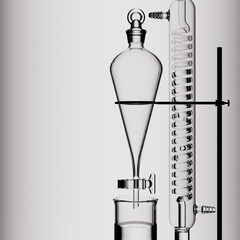 Scientific lab research background. Chemistry condenser and separatory funnel 3d rendering. Laboratory minimal template.