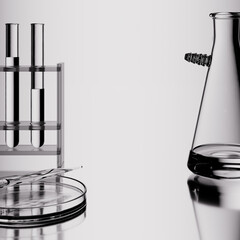 Chemistry glass equipment with test tube rack, petri dish and flask. 3d rendering scientific background