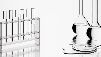Chemistry glass equipment with test tube rack, petri dish and flasks. 3d rendering scientific background