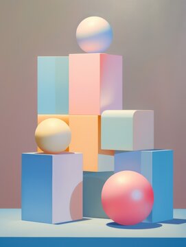 Fototapeta Abstract sculpture centerpiece, pastel-colored geometric shapes in tower formation