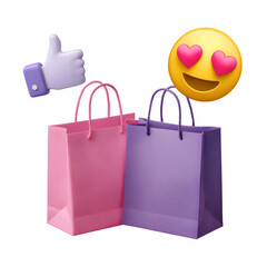 Pink and purple shopping bags with emojis isolated on transparent background