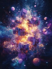 Galactic abstraction with vibrant colors and geometric shapes in a nebula-like background