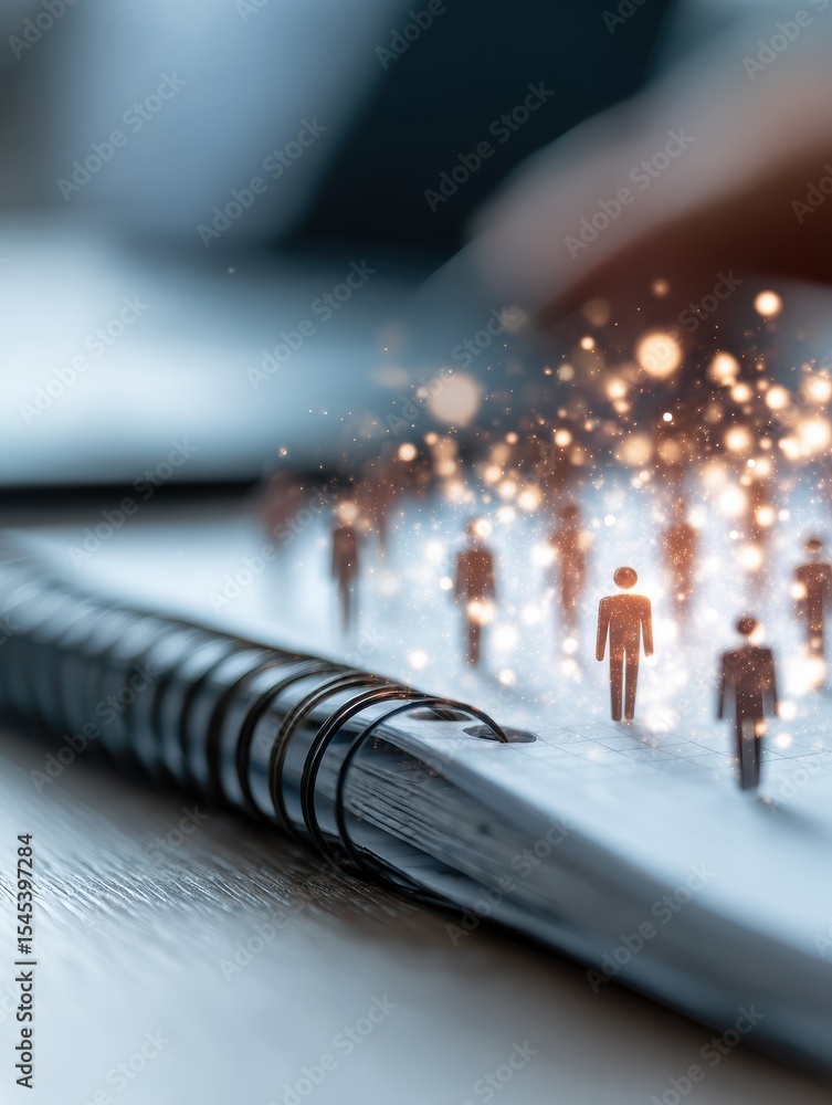 Aufkleber close up of notebook on desktop with creative glowing connected people icons on blurry background. p