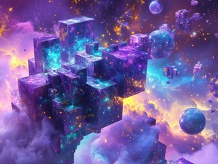 Futuristic digital art: vibrant space scene with floating crystalline cubes and interstellar spheres in a nebulous galaxy backdrop