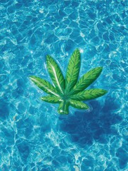 Inflatable Cannabis Leaf Floatie Summer Pool Party Fun Backdrop, Floating Poolside Swimming Toy, Whimsical Hot Sunny Day Wallpaper, Blue Water Themed Background Graphic