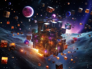 Fantasy 3D space scene with vibrant asteroids and nebula