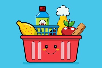 Cartoon Grocery Basket Food Magical Whimsical Marketplace