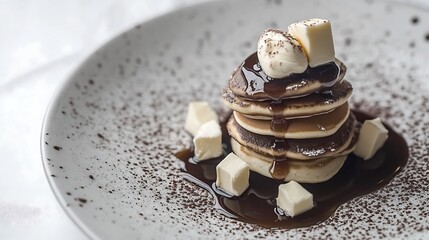 Mini pancakes stacked with maple syrup drizzle and butter cube, plated in child meal style 