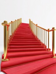 3D rendering of a red carpet and stairs with a golden railing, isolated on a white background