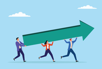 Obraz premium Vector illustration of a group of business people carrying an upward arrow bar, symbolizing unity, teamwork, and joint effort in driving business growth and progress 