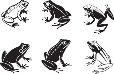 Set of frog illustrations in black silhouette style, simple vector animal icons on a white background