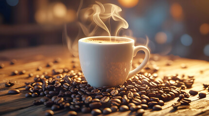 Steaming Coffee Cup Beans Aroma