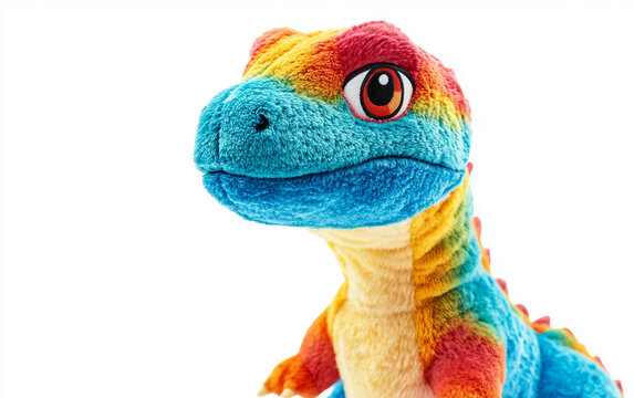 Close-up view of a plush dinosaur toy with soft, colorful fabric and playful features, ideal for cuddles. Generative AI.