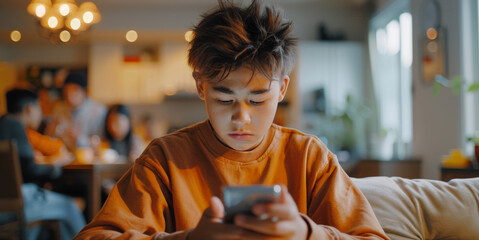 Sad multiracial teenage boy scrolling his phone, Behind him, happy family is eating dinner at the table. Generative ai