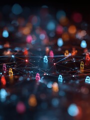 Obraz premium Vibrant abstract quantum network with digital keys and lock icons showcasing the cutting edge applications of quantum computing in advanced encryption and cybersecurity