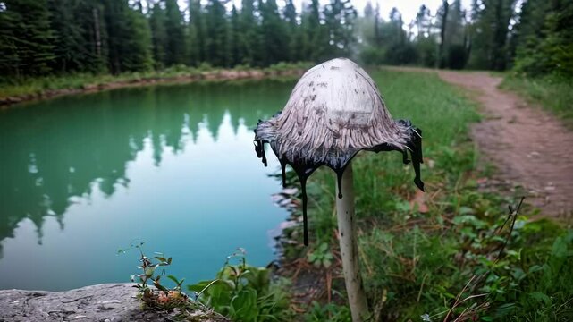 Ethereal Ink Cap Mushroom by a Tranquil Lake Shore Close-up