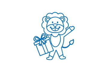 Cute lion illustration happily carries a gift, waving cheerfully, outlined in blue