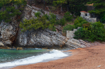 Montenegro, Budva Riviera, pink sand beach and Sveti Stefan Park, on the Adriatic Sea Coast