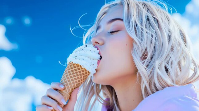 A woman with long hair enjoys an ice cream cone outdoors under a bright blue sky. Refreshing treat, summer delight