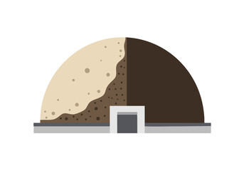 A stylized illustration depicts a half-built dome structure, divided between light and dark earth tones. A simple doorway provides access. Modern, minimalist design.