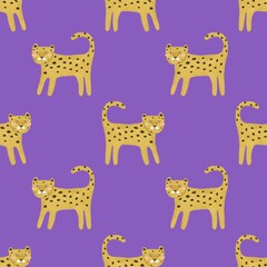 Seamless pattern with leopards. colorful illustration for kids. hand drawing, flat style. baby design for fabric, print, textile, wrapper
