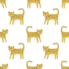 Fototapeta premium Seamless pattern with leopards. colorful illustration for kids. hand drawing, flat style. baby design for fabric, print, textile, wrapper