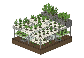 stylized isometric illustration showcases a multi-tiered tray grow system brimming with lush green plants This modern vertical gardening design is visually appealing and ideal for commercial use © Vector Factory