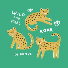 cartoon leopards. Colorful illustration for kids, flat style. baby design for card, poster, print on t-shirt