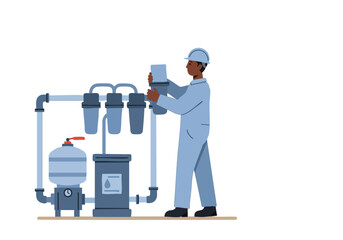 A worker adds a filter to industrial water purification equipment. Clean, modern illustration with a focus on process and maintenance. Suitable for business and technology themes.