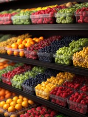 Obraz premium Grocery store shelf with variety of freshly cut fruits in plastic containers