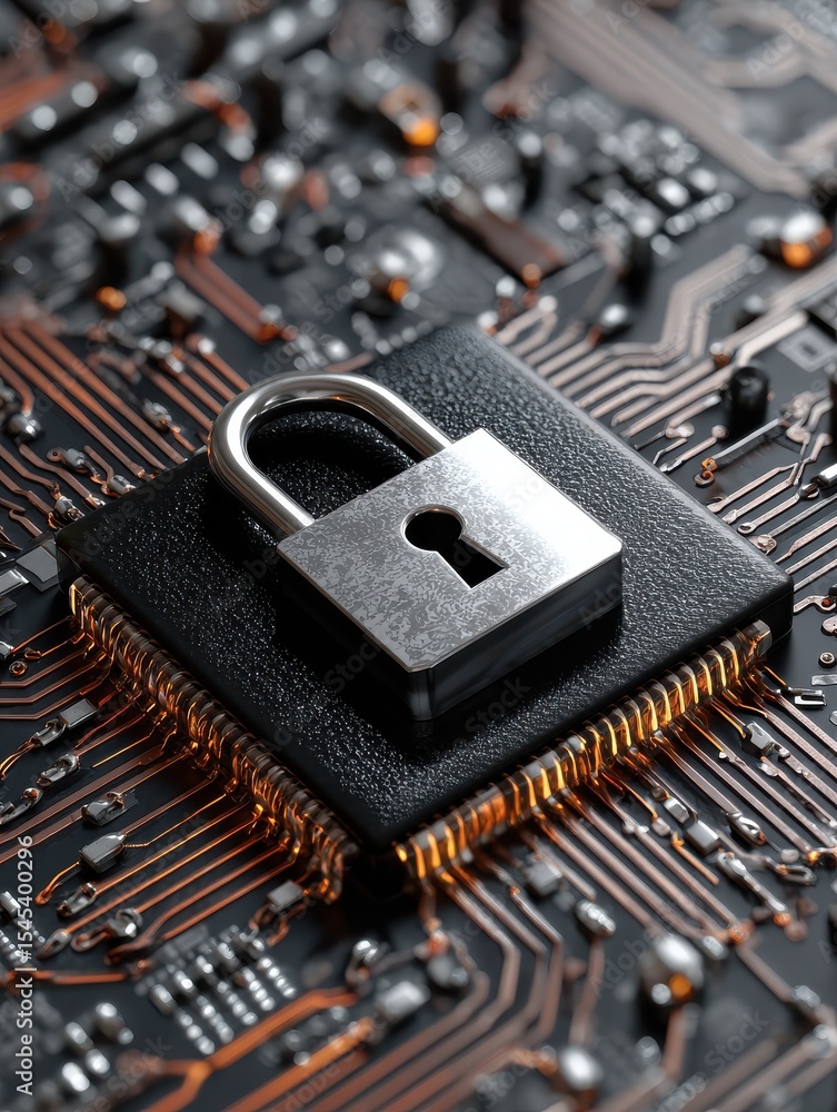Poster cyber security, abstract computer chip, technology background with a padlock, internet security and 