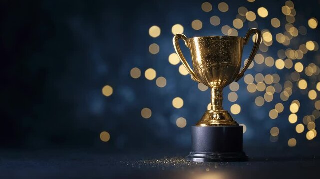 Golden trophy on dark background with bokeh lights for awards ceremony