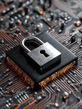 cyber security, abstract computer chip, technology background with a padlock, internet security and data protection