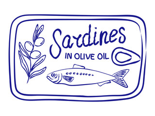 Retro-style of a sardine can label with hand drawn fish and text Sardines in olive oil. Simple monochrome graphic perfect for stickers and print