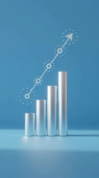 Four silver cylindrical columns are arranged in ascending order with an upward arrow illustrating growth. Concept: Growth, progression, improvement