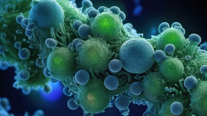 3D-rendered E. coli biofilm on a surface, showing clustered bacteria, extracellular matrix, iridescent slime textures, and ambient green-blue lighting for a detailed microbiology concept.