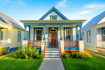 A sunny day in a cozy blue house with landscaping.
