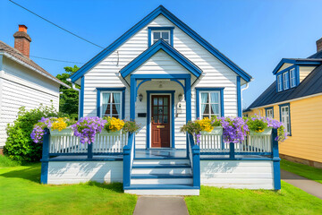 A sunny day in a cozy blue house with landscaping.