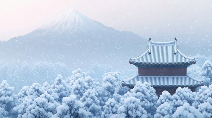 Fototapeta premium A tranquil winter landscape featuring a snow-covered pagoda amidst frosted trees and a distant mountain, Ideal for winter-themed projects, travel blogs, or serene home decor,