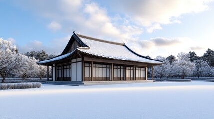 Fototapeta premium A serene snow-covered landscape features a traditional Asian-style building, showcasing architectural elegance amidst frosted trees, Ideal for winter themes, cultural presentations
